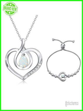 AGVANA Sterling Silver Opal Heart Necklace Bracelet Set